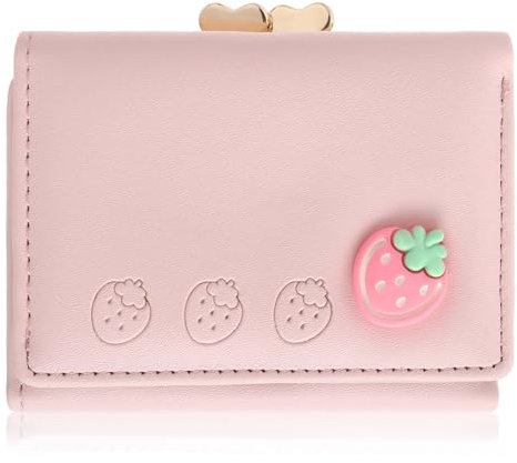 COMNICO Geldbörse Damen Modische Erdbeer Geldbörse Kartenhalter Süße kleine Geldbeutel Leder Rosa Wasserabweisend Dreifach Gefaltete Geldbörse Bargeldfach und Kurzformat Brieftasche für Frauen