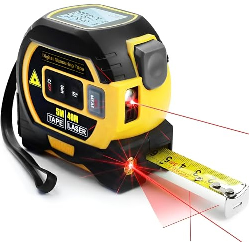 Metro a nastro laser 3 in 1 con display LCD e laser a linee incrociate, strumento di misurazione laser digitale con funzione di calcolo, scala fino a 40 m, metro a nastro da 4,6 m (giallo)