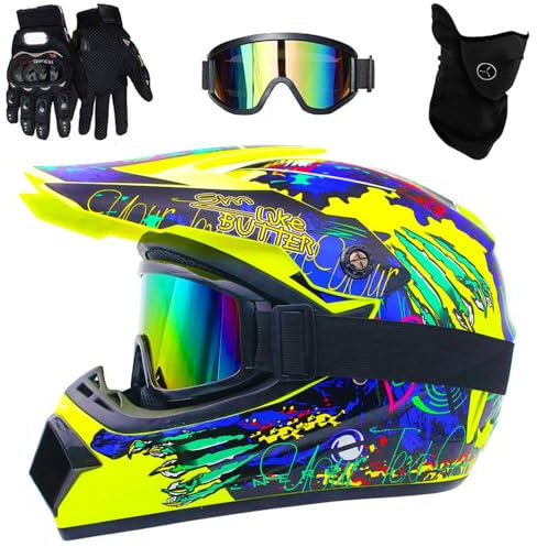 6-14 anni Bambini MTB Casco da Motocross, con Occhiali Guanti Maschera, Approvato DOT, Discesa Dirt Bike MX Quad Bici Schianto Casco(F4,S(52-53cm))