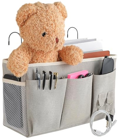 Rangement Lit – Poche de Lit en Coton et Lin – Organisateur de Lit à Suspendre pour Livres, Téléphone, Jouets, Lits Superposés (Gris)