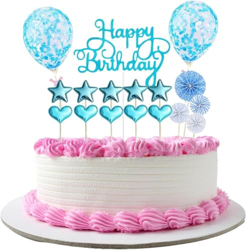 Happy Birthday Decoration Gateau Bleu, 17 Pièces Deco Gateau Anniversaire, Decoration Gateau Anniversaire Paillettes, Cake Topper Happy Birthday pour Fête de D'anniversaire Fille Garçon