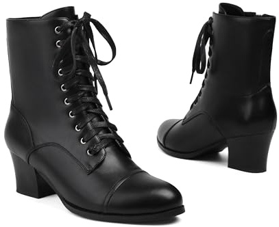 Voviggiw Damen Viktorianische Stiefel Kurzschaft Knöchel Stiefel Schnüren Stiefeletten for Damen Side Reißverschlussper Block Chunky Mid Heel