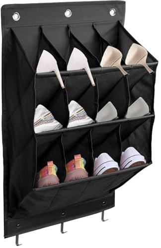 Schuhaufbewahrung Hangend -12 Großen Taschen, Schuhregal Hängend tür Schuh Organizer hängend mit 3 Metallhaken 3 Selbstklebenden Haken, Hängen Schlafzimmer und Wohnmobil Tür für Schuhe (Schwarz)