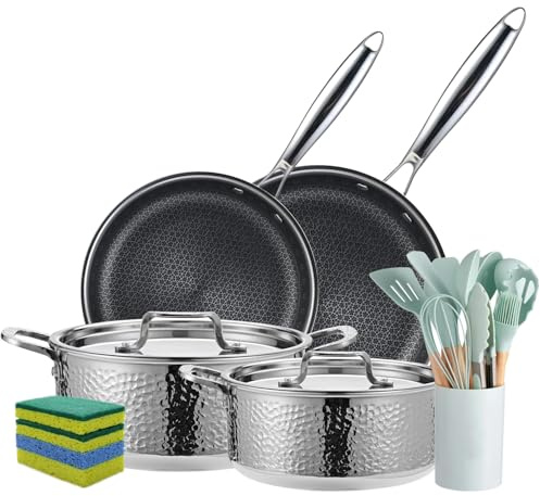 Vivicreate 20-teiliges dreilagiges Edelstahl-Kochgeschirr-Set, gehämmerte Töpfe und Pfannen Set mit 2 antihaftbeschichteten Bratpfannen und Töpfen mit Deckel, 304 innen, Induktionsgeeignet