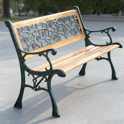 Baodiale Patio Park Gartenbank, Gartenmöbel mit Rosen-Gusseisen-Hartholzrahmen, Veranda-Zweisitzerbank für 2 Personen im Freien