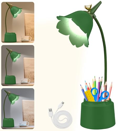 Schreibtischlampe Kinder mit Stifthalter, Dimmbare LED Nachttischlampe 3 Farbtemperaturen, Tischlampe mit 360° Flexibel Arm Schwanenhal, Wiederaufladbare Schreibtischlampe für Lesen, Lernen (Grün)