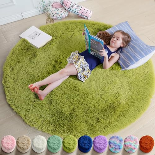 Amdrebio Grass Green Small Fuzzy Round Circle Rug 3Ft for Bedroom Classroom