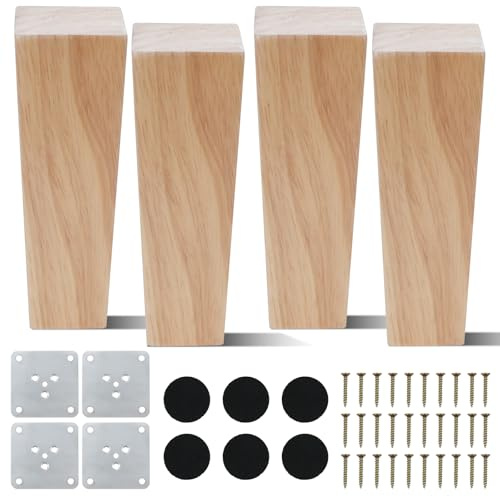 COEWUR 4 Pcs 15cm Pieds de Meuble en Bois Massif pour Lit Fauteuil | Pieds de Table en Bois Square Pieds de Canapé de Rechange pour Armoire TV avec Plaque de Montage Vis Protecteur Antidérapant