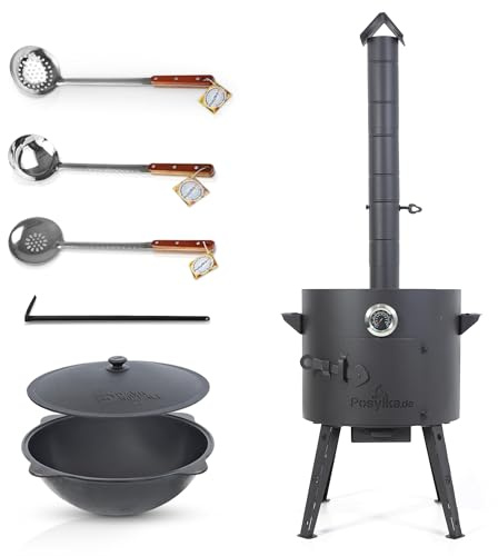 Utschak Feuerofen Ø 40cm mit Gusseisen Kazan Wok-Kochtopf 12L Ø 42,5cm | Kasan mit Deckel | Учаг Outdoor Feuerschale Gulaschkanone | Schaumlöffel Schöpfkelle Usbekisch Plov (Kazan Flacher Boden)