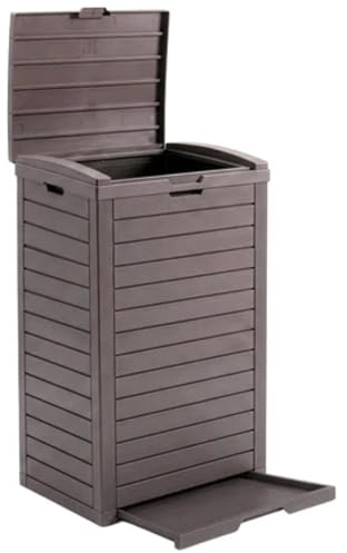 KARAT Mülltonnenbox Robuste Abfallbehälter-Lösung, Wetterfester Müllbehälter für Garten & Terrasse mit Deckelverschluss & Müllsackhalter (Braun, 40 x 41 x 86 cm (118 L)