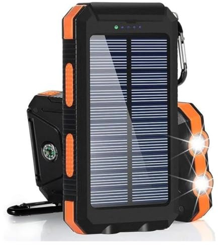 HXEternal Solar Powerbank 10000mAh, Wasserdichtes USB C Externer Akku mit 2 Outputs, 2 USB-Anschlüssen, LED-Taschenlampen mit Kompass für Outdoor-Aktivitäten