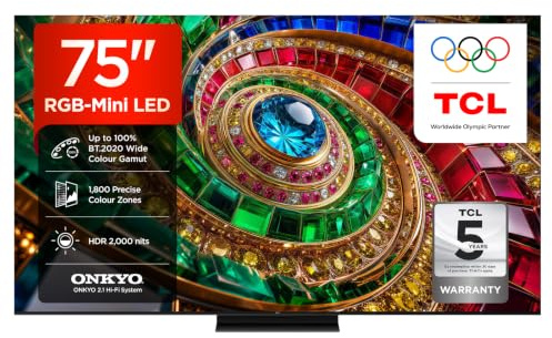 TCL 75Q7D-UK 75 Inch RGB-Mini LED TV, 4K HDR 2000 nits, 1,800 Precise colour Zones, Google TV, Dolby Vision IQ & Atmos, 2.1 Onkyo, 144Hz, Apple AirPlay 2, Alexa (2026 New Model)