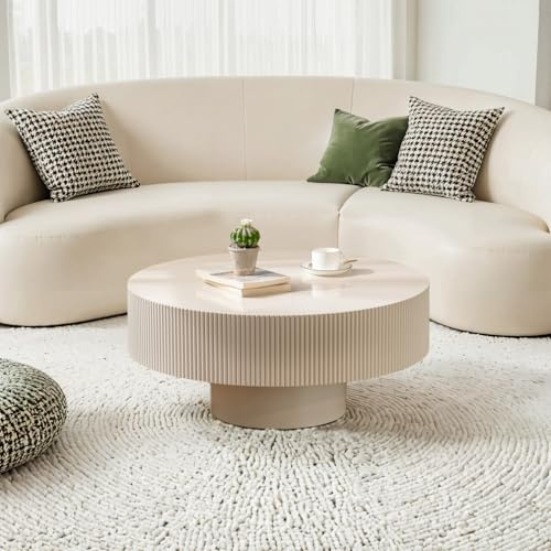 YYZIWYUN Runder Couchtisch Mit Geriffelter Oberfläche Für Das Wohnzimmer, Trommelförmiger Holztisch Mit Rillenstruktur, Ideal Für Wohnungen, Empfangsbereiche Und Landhaus-Einrichtungen,30.9 Cream
