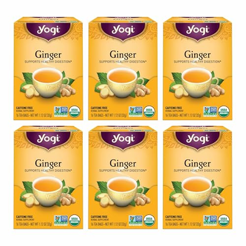 Yogi Tea - Ginger Tea (6 Pack) - Supports Healthy Digestion - Soothing and Spicy Blend - Caffeine Free - 96 Organic Herbal Tea Bags