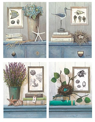 Cuadro de baño/Placas de Madera. Set de 4 Cuadros de 19 cm x 25 cm x 4 mm unid. Adhesivo FÁCIL COLGADO. Adorno Decorativo. Decoración Pared hogar/decoración de baño