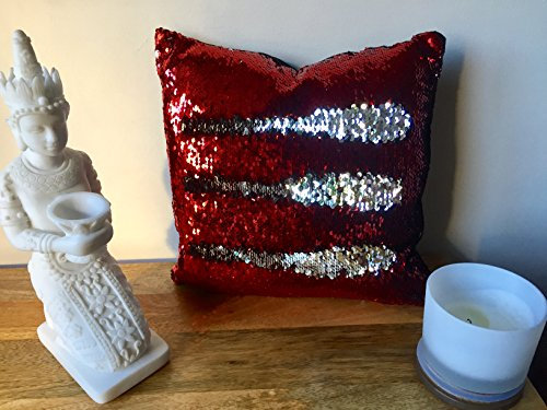 Emoji-Kissenbezug mit drehbaren Pailletten, Meerjungfrauen-Optik, wendbar, 38 x 38 cm Red & Silver