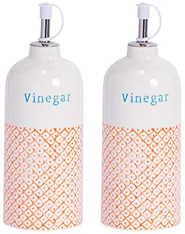Nicola Spring Vinegar Bottles - 500ml - Pack of 2 - Dishwasher Safe Porcelain Kitchen Hand Printed Orange Vinegar Dispenser Cruet with Chrome Pourer Spout for Kitchens, Restaurants, Dining