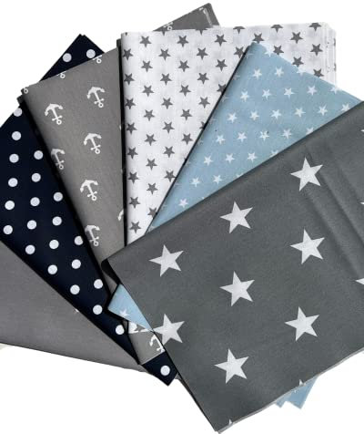 babrause® Stoffpaket Patchwork Baumwollstoffe 12 x (25x35cm) blau hellblau grau - Stoffe - Punkte, Sterne, Rauten, Anker, Pünktchen, Sterne
