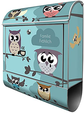 banjado® Design Briefkasten personalisiert Acht Eulen 38,5x46,5x13cm & 2 Schlüssel - Briefkasten Stahl Silber Zeitungsfach pulverbeschichtet - Postkasten A4 Einwurf inkl. Montagematerial