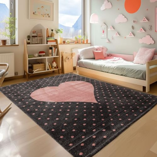 SIMPEX KinderTeppich, Herz-Design, Rosa, 160 x 230 cm, Teppich für Kinder, Kinderzimmer