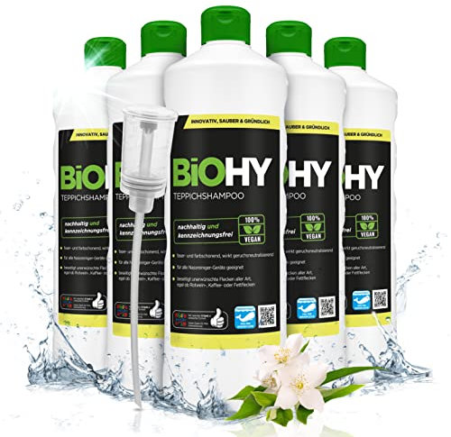 BiOHY Teppichshampoo (6 x 1 Liter) + Dosierer | Teppichreiniger Konzentrat | ideal gegen hartnäckige Flecken | materialschonend & tierfreundlich | effektives Bio Mittel | kraftvoller Teppich Schaum