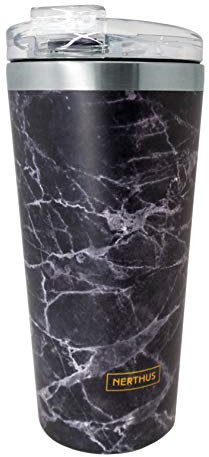 NERTHUS FIH 635 Tasse Double paroi 500 ML, Isotherme, sans Danger pour Les Aliments, Passe au Lave-Vaisselle, Verres à café de Voyage sans BPA, Acier Inoxydable, marbre Noir, 8,5 x 19 cm