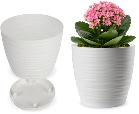 KADAX Pot de Fleurs en Plastique avec Soucoupe, Cache-Pot Moderne Ornée d'un Élégant Motif Ondulé pour Une Décoration Florale (Ronde, Blanc, 13 cm)