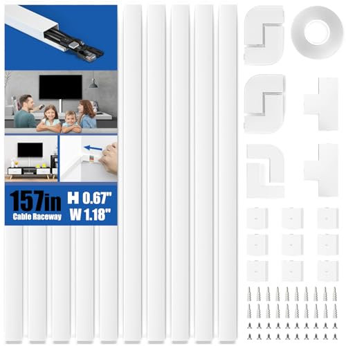 Delamu Electric Cable Trunking, 4M Cable Cover Wire Hiders for Wall, Self Adhesive Wire Trunking, Cable Management to Hide 3-4 Power Cords in Home Office, 10X L400mm, W30mm, H17mm, White