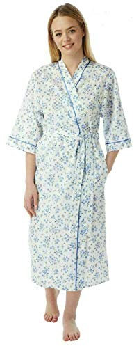 Ladies Cotton Floral Print Night Gown Soft & Comfortable Loungewear Women's Robes Wrap with Tie Belt Short Sleeve Ladies Dressing Gowns for Women UK Sizes 10-30, MN18 (Blue, 12-14)