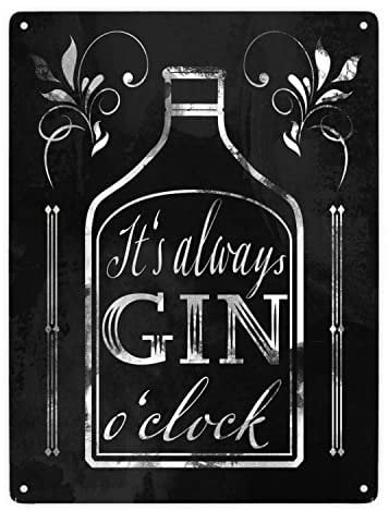 It's always Gin o'clock Metallschild XXL in 28x38 cm mit Spruch für die Bar in schwarz lustiges Blechschild für die Minibar Bardekoration Deko für die Kneipe