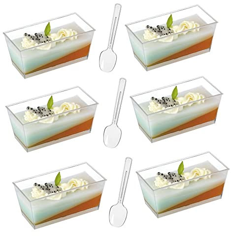 DongAi 50 Pcs Mini Plastic Square Dessert Cup,4.75oz Transparent Square Shot Glass,for Jelly Yogurt Pudding Mousse Ice Cream(with 50 Scoops)