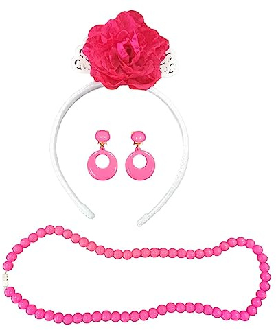 Set fenicottero, fascia floreale, orecchini e collana per bambina, Fucsia, Taglia unica