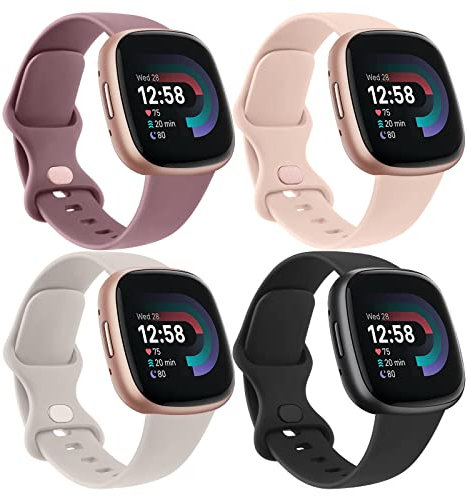 Vancle 4Pack für Fitbit Versa 4 Armband Damen Herren,Silikon Sport Ersatzarmbänder für Fitbit Versa 3 Armband/Fitbit Sense 2 Armband/Fitbit Sense Armband(S,Schwarz/Starlight/Violett/Rosa)