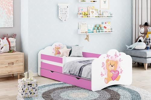 Happy Babies MOBI - Kinderbett 160 x 80 mit Matratze Jugendbett mit Rausfallschutz und Schublade Kinder-Bett für Mädchen Rosa Weiß (M20)