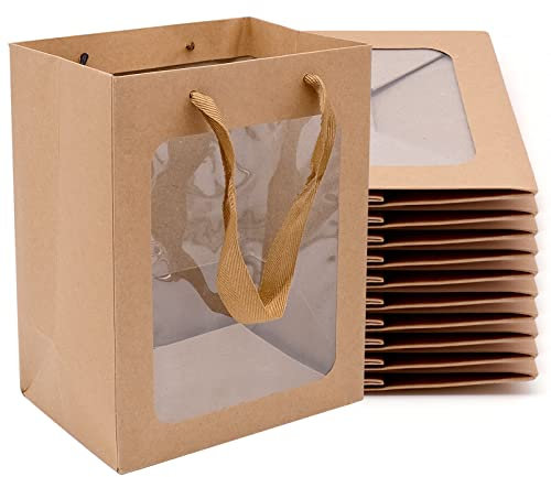 YHSKJCD 10 Pièces Sac en Papier Sac kraft, Boîte de Cadeau en Papier Kraft, Sacs Cadeaux Avec Poignées, Sac Cadeau avec Fenêtre pour Anniversaire, Mariage, Tea Party et Célébrations de Fête