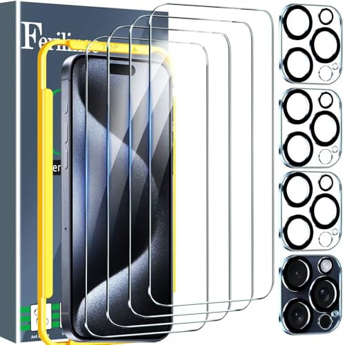 Ferilinso para Protector de Pantalla iPhone 15 Pro Max 4 Piezas HD Cristal Templado Accesorios 4 Piezas Protector de Lente de cámara Funda Amistoso Marco de montaje