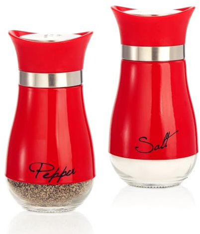 Set de 2 Salières et Poivrières en Acier Inoxydable et Verre, Salière et Poivrière de Qualité Supérieur, Pot a Sel Accessoires de Cuisine (Rouge)
