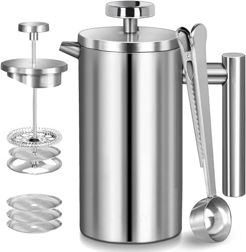 Wrobic French Press Cafetera de 1000 ml (4 tazas), doble pared aislada, prensa francesa adicional, 3 filtros y cuchara, café prensa francesa para casa, camping y oficina, plata