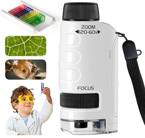 PKKP Microscopio de Bolsillo Para Niños 60x120x, Portátil Con LED, 12 Portaobjetos, Mini Para Casa y Escuela