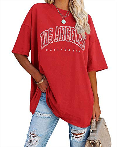 Ebifin Oversize T Shirt Damen Vintage Kurzärmeliges Rundhals Los Angeles Oberteile Tops Casual Lockere Basic Sommer Tee Shirts Bluse.Rot.M