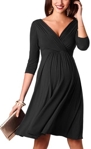 SISAY Robe de Soirée Maternité Col V Manche 3/4 Vintage Swing Robe Portefeuille Femme Cache Coeur Grande Taille Chic et Elegant Robe Courte Evasee Tunique Enceinte Vetement Grossesse et Allaitement