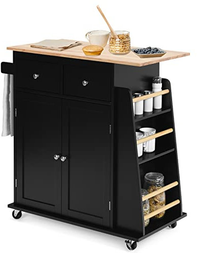 COSTWAY Kitchen Island on Wheels, Mobile Utility Storage Trolley Cart with Rubber Wood Countertop, 2-Door Cabinet, 2 Drawers, Adjustable Shelf, 3 Tier Spice Rack & Lockable Wheels, 88x45x90cm (Black)