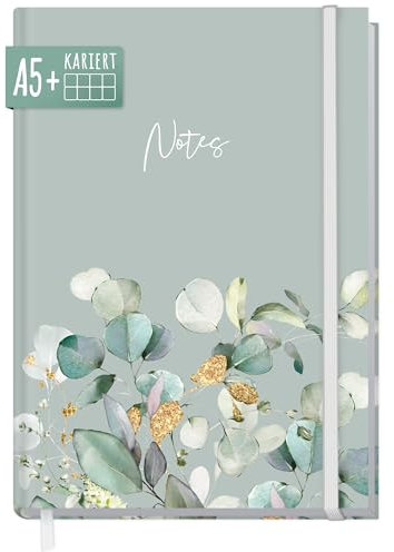 paper&you® Notizbuch A5+ kariert mit Gummiband Minty Leaves 156 Seiten, 78 Blatt, als Bullet Journal, Tagebuch, Notizheft - nachhaltig & klimafreundlich