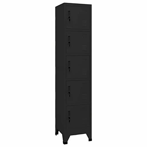 Homgoday Armoire multifonctionnelle avec barre pour vêtements avec serrure, armoire de rangement en acier avec 5 compartiments, noir, 38 x 40 x 180 cm