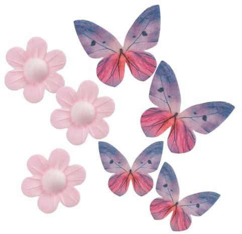 dekora - Décoration de Gaufret Comestible Avec Fleurs Roses et Papillons Lilas - 9 Pièces pour les Cupcakes et les Gâteaux lors de Célébrations et de Fêtes