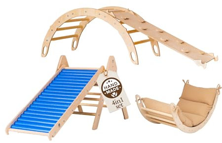 WoodsCraft 4in1 Set: Kletterdreieck mit Rutsche Indoor/Klettern Rampe, Rollenrutsche & Kletterbogen | Holz Montessori Klettergerüst Indoor Spielgeräte | Klettern Kinder Indoor & Klettern Baby