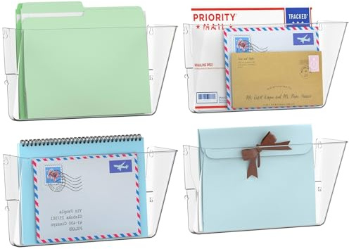 Gawerk Aktenhalter mit einer Tasche, Wandhalterung, transparent, 4 Stück | Acryl-Hänge-Wand-Organizer, Kunststoff-Wandhalterung, Posten, Zeitschriften, Organizer für Büro und Zuhause