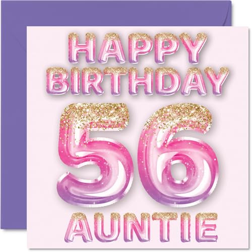 56th Birthday Card for Auntie, Pink & Purple Glitter Balloons | Happy Birthday Cards for 56 Year Old Aunt Aunty from Nephew Niece, 145mm Bday Greeting Cards Gift
