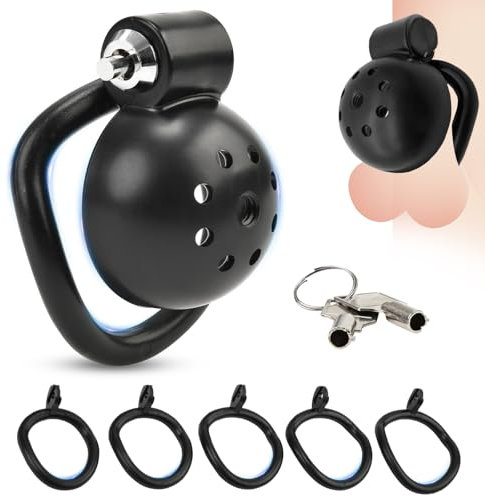 BDSMJOY Keuschheitskäfig Herren Peniskäfig,mit 5 Arc Chastity Rings Hodenringe Penisring,Flat Chastity Cage Male Small Keuschheitsgürtel für Herren,Cock Cage Penis Käfig,BDSMs Spielzeug Hart (Schwarz)
