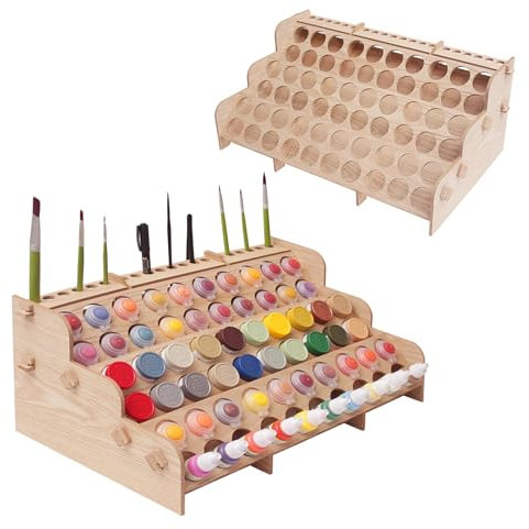 ARFETIGO Grand organisateur de peinture en bois à 6 niveaux pour 60 bouteilles et support de pinceaux pour acrylique, huile, loisirs créatifs, mini modélisme, peinture pour artistes (horizontal)